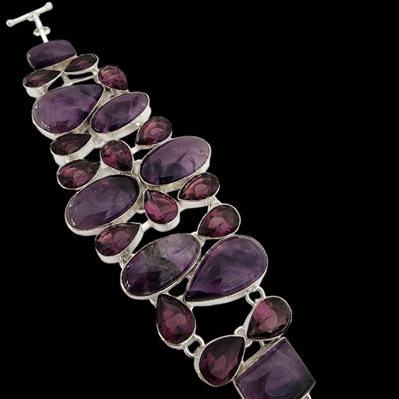 Silver amethyst gemstone bracelet chunky statement bracelet plus glass stones - Picture 11 of 15